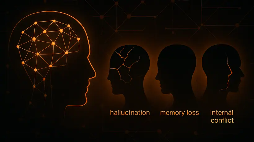 Hero image: common AI failure modes that affect business deployments — hallucination, context loss, competing rules