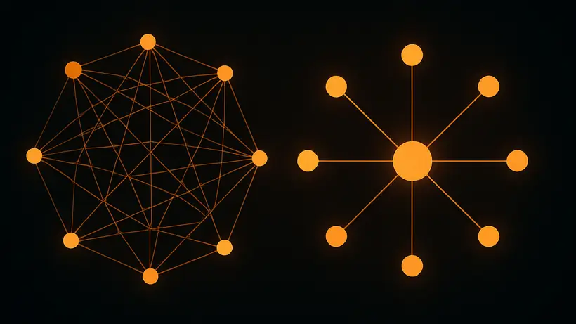 Diagram contrasting tangled point-to-point AI integrations with a single MCP hub connecting all tools and agents