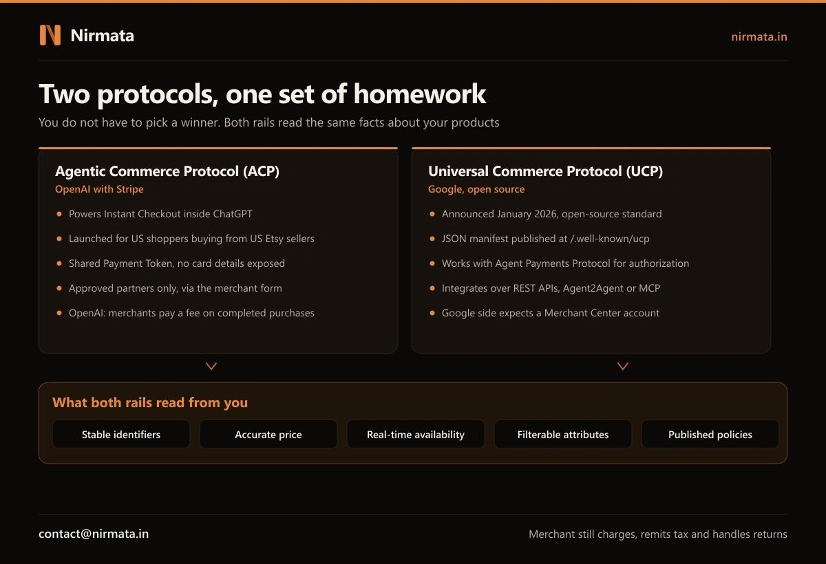 Infographic comparing the Agentic Commerce Protocol from OpenAI and Stripe with Google's Universal Commerce Protocol, both reading stable identifiers, accurate price, real-time availability, filterable attributes and published policies