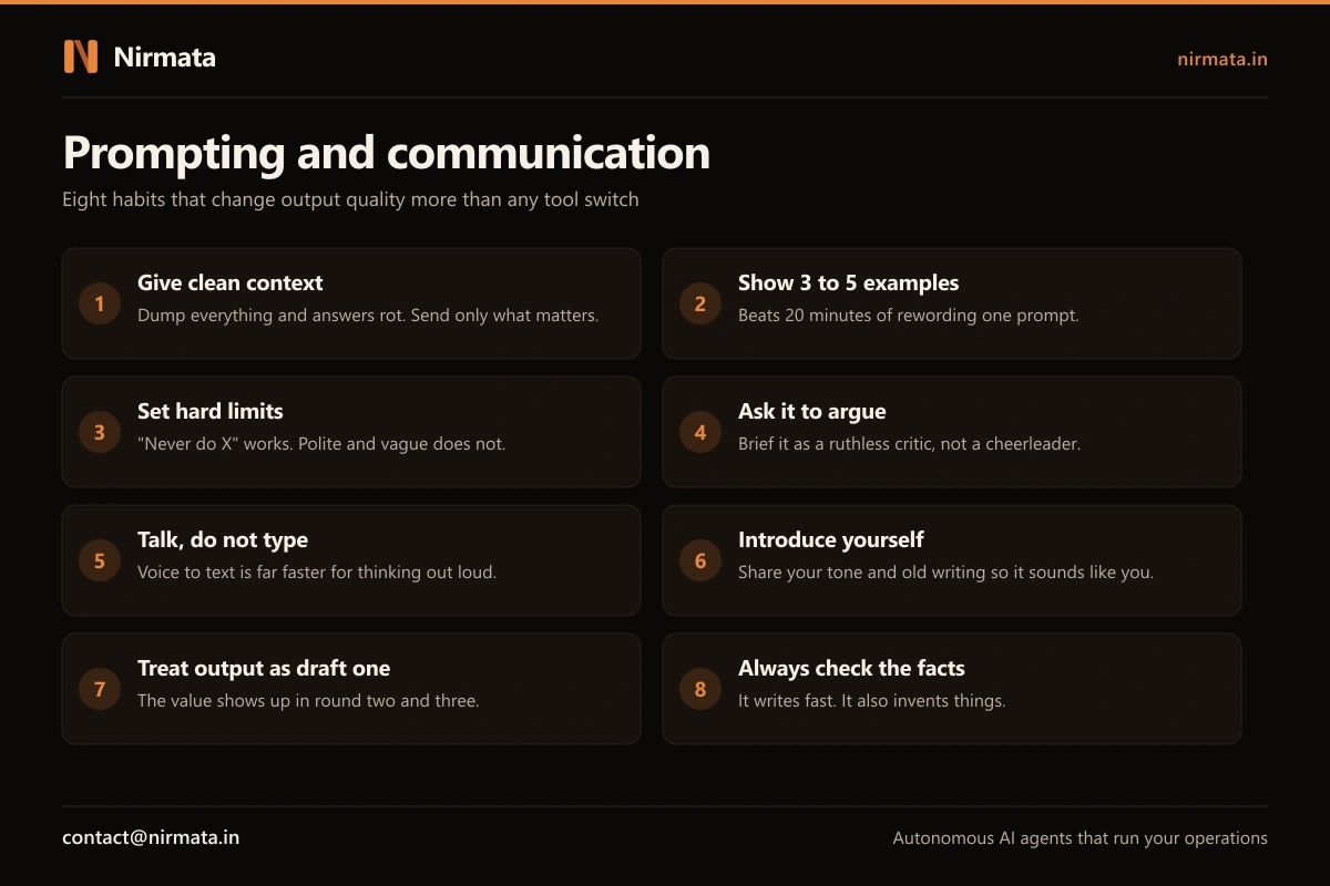 Eight prompting rules: give clean context, show 3 to 5 examples, set hard limits, ask it to argue, talk do not type, introduce yourself, treat output as draft one, always check the facts