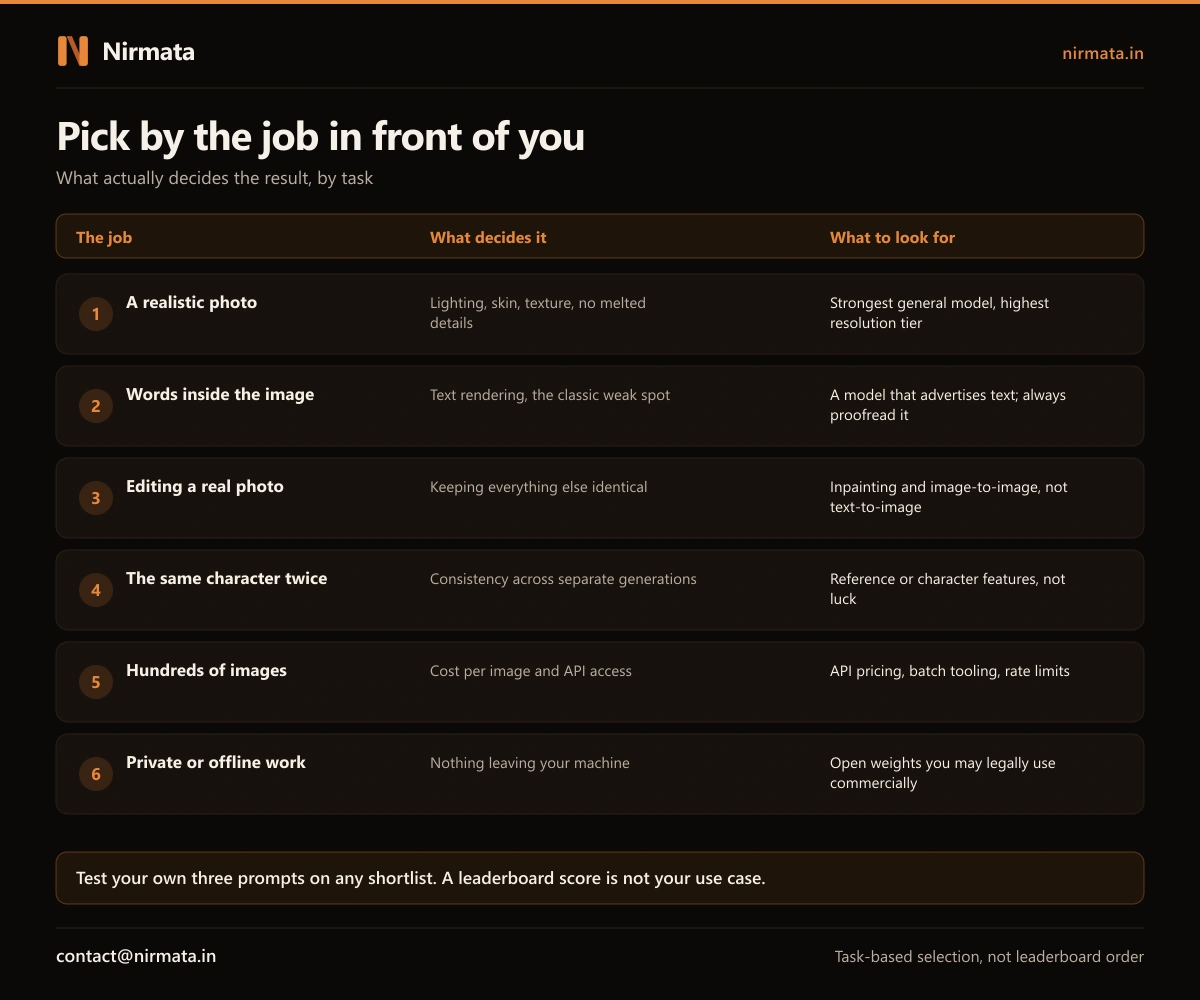 Table matching six jobs to what decides the result and what to look for: a realistic photo, words inside the image, editing a real photo, the same character twice, hundreds of images, and private or offline work
