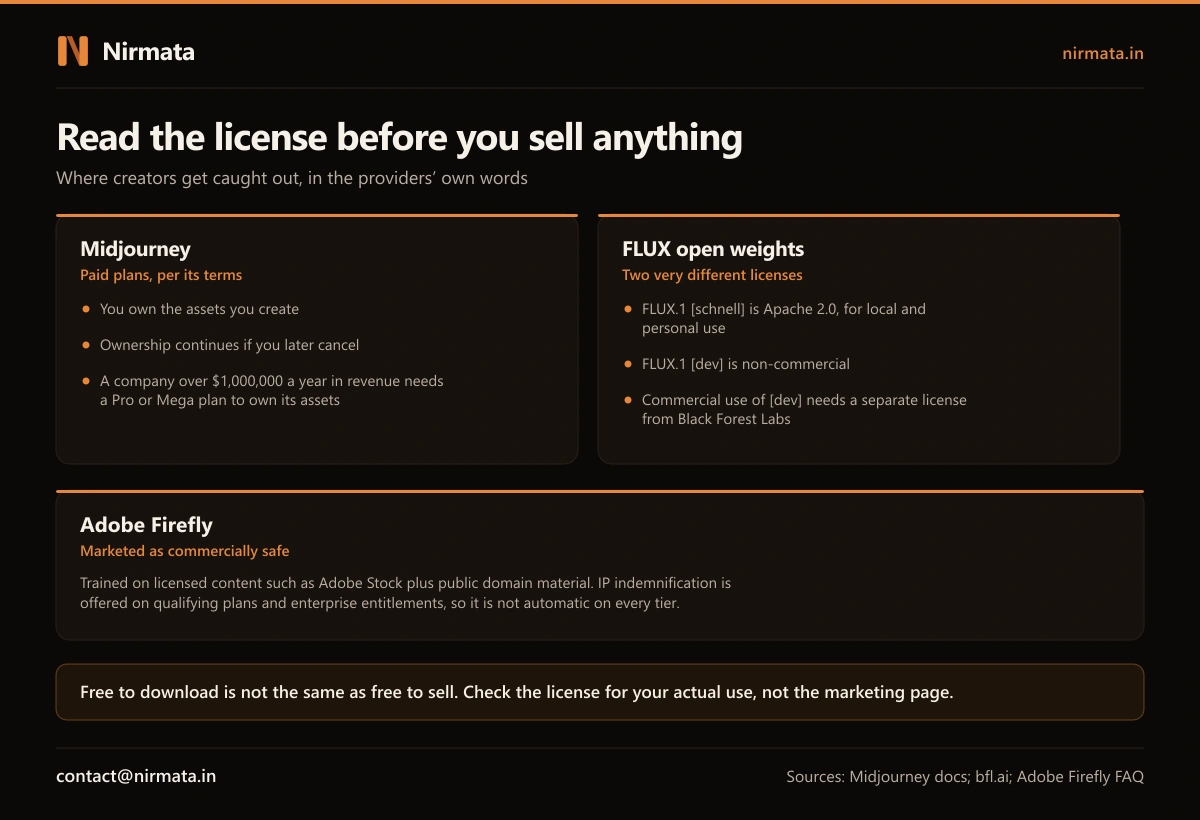 Licensing comparison: Midjourney says you own your assets but companies over one million dollars in revenue need a Pro or Mega plan, FLUX.1 schnell is Apache 2.0 while FLUX.1 dev is non-commercial, and Adobe Firefly indemnification applies only to qualifying plans