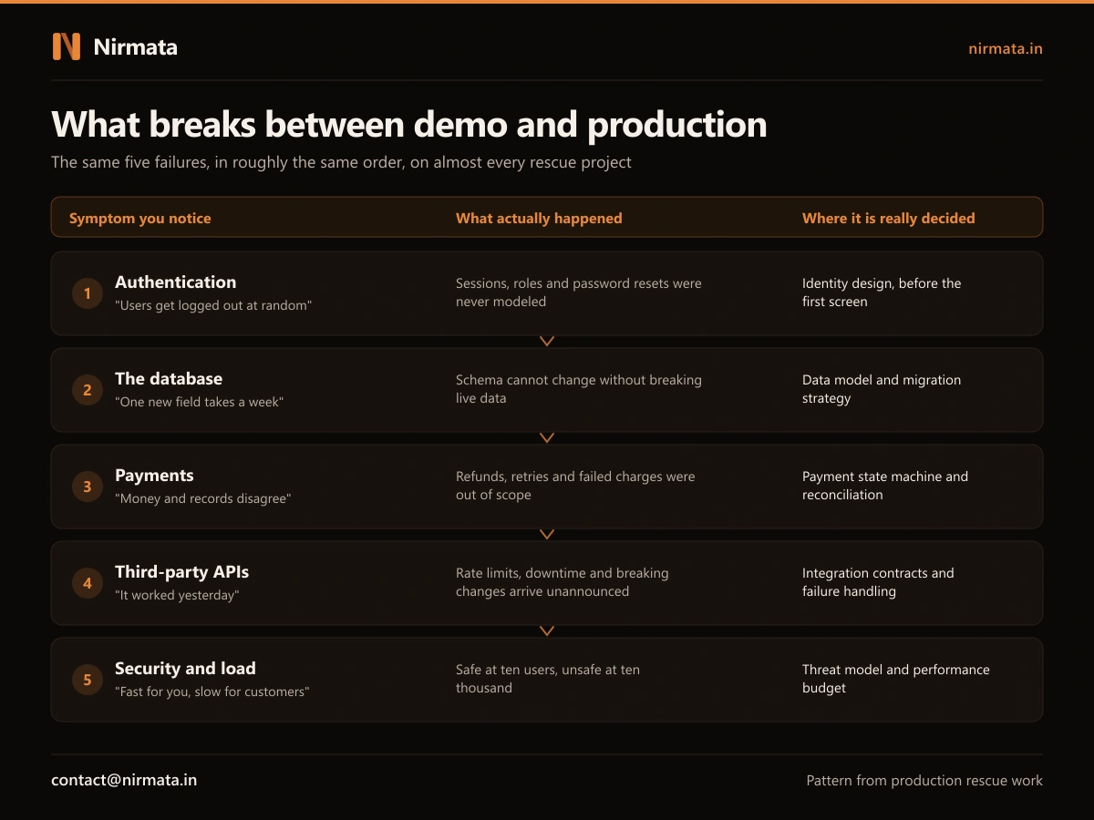 Table of the five failures between demo and production: authentication, the database, payments, third-party APIs, and security and load, each with the symptom an owner notices, what actually happened, and where the decision is really made
