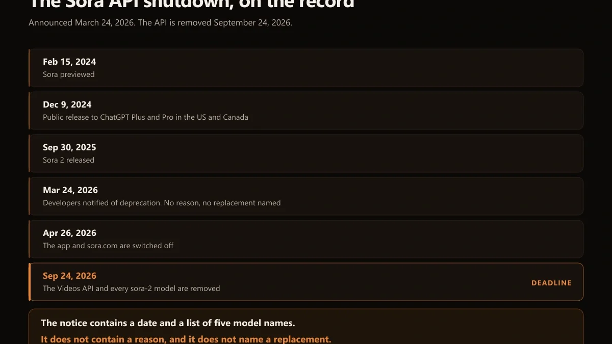 Timeline of the Sora shutdown from the February 2024 preview to the September 24, 2026 removal of the Videos API and every sora-2 model, noting that the deprecation notice contains a date and five model names but no reason and no replacement